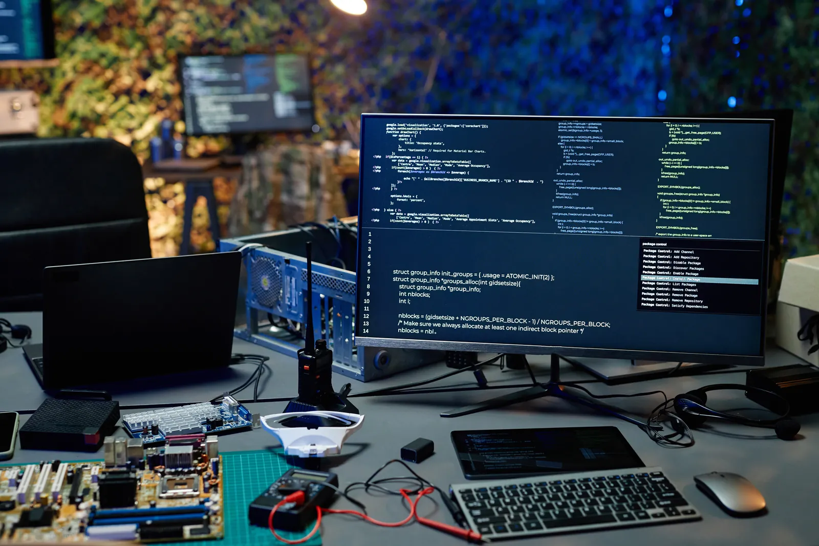 A development workstation with code on screen